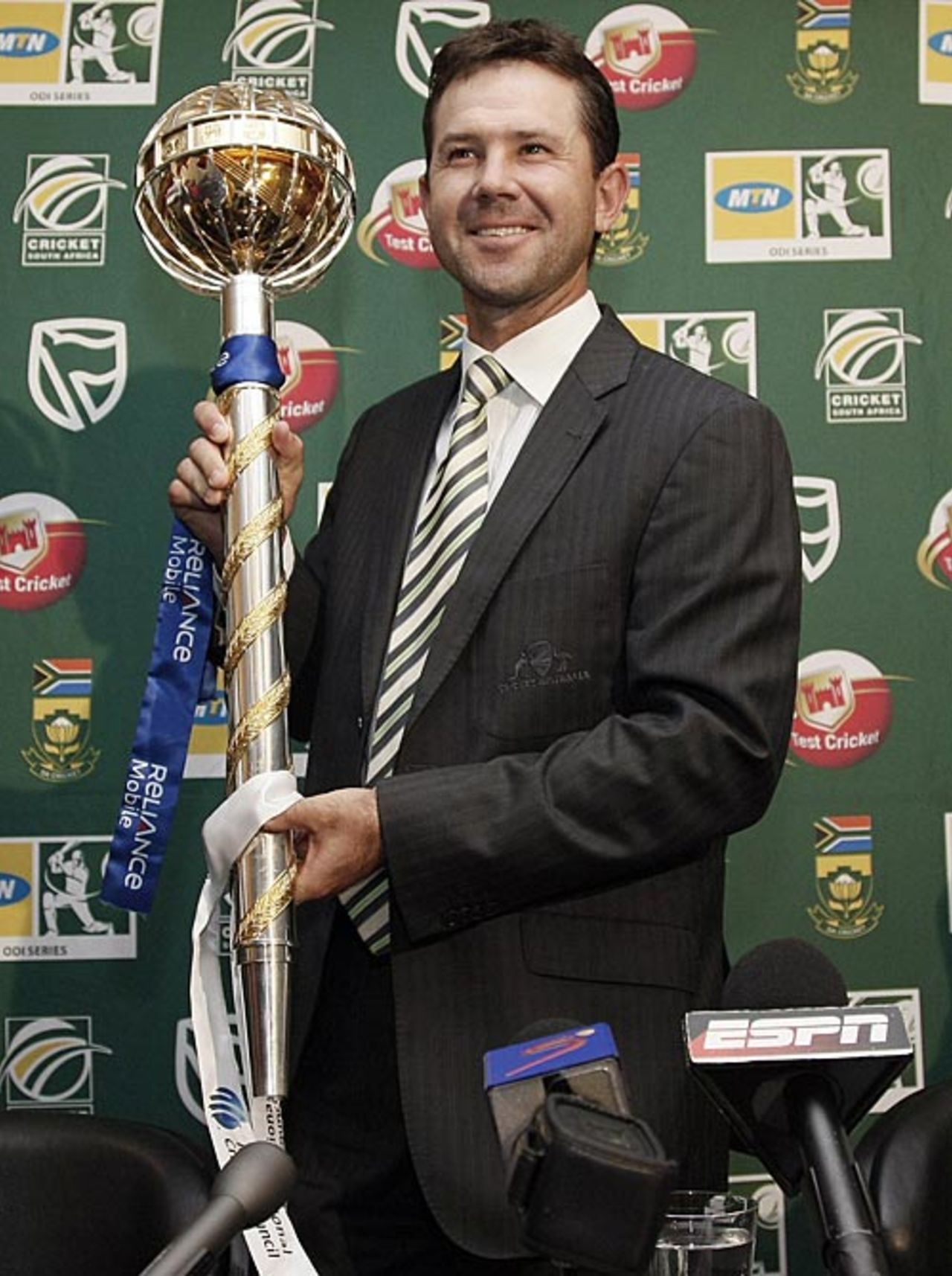 Ricky Ponting with the Test Championship mace on arrival in South Africa, Johannesburg, February 16, 2009