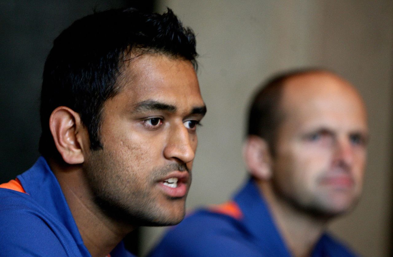 Mahendra Singh Dhoni and Gary Kirsten speak to reporters prior to the team's departure for the Asia Cup, Mumbai, June 22, 2008