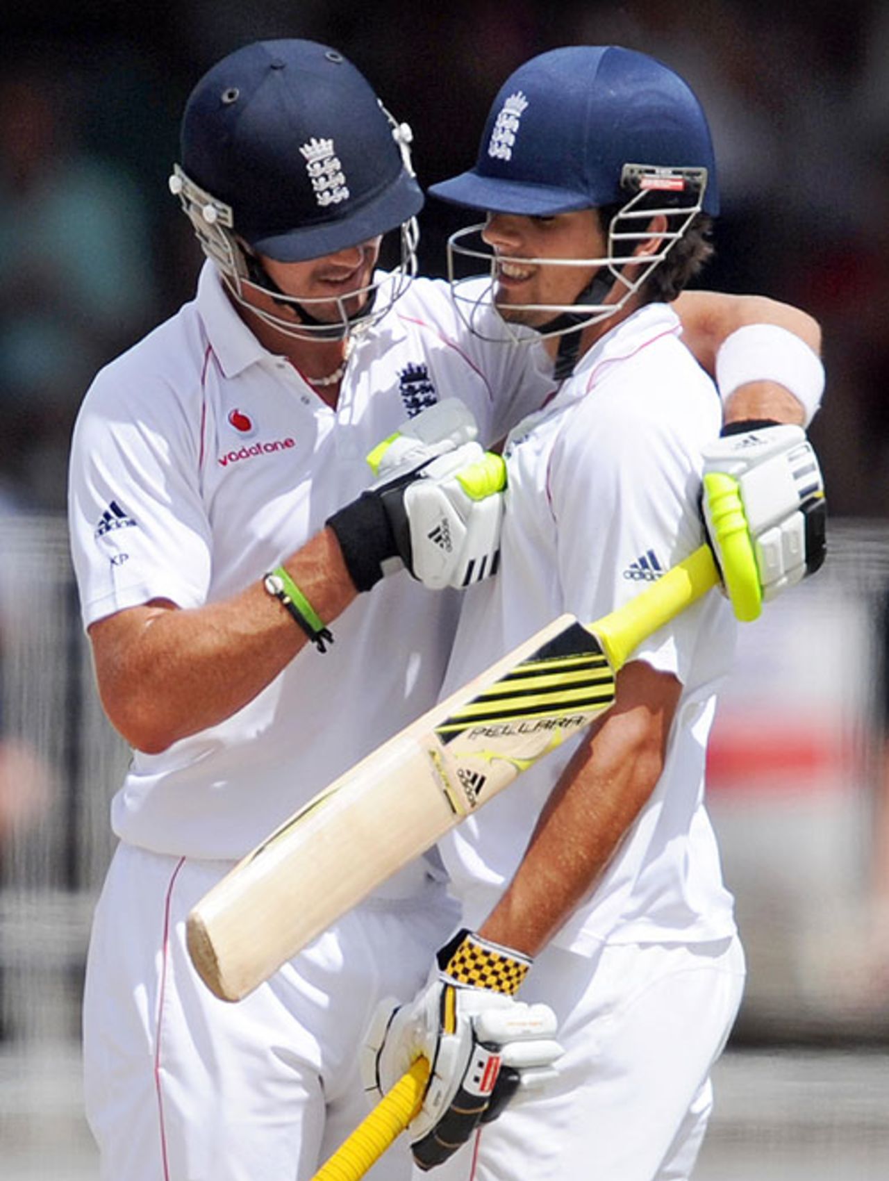 Kevin Pietersen congratulates Alastair Cook on reaching his second fifty of the match, West Indies v England, 3rd Test, Antigua, 4th day, February 18, 2009