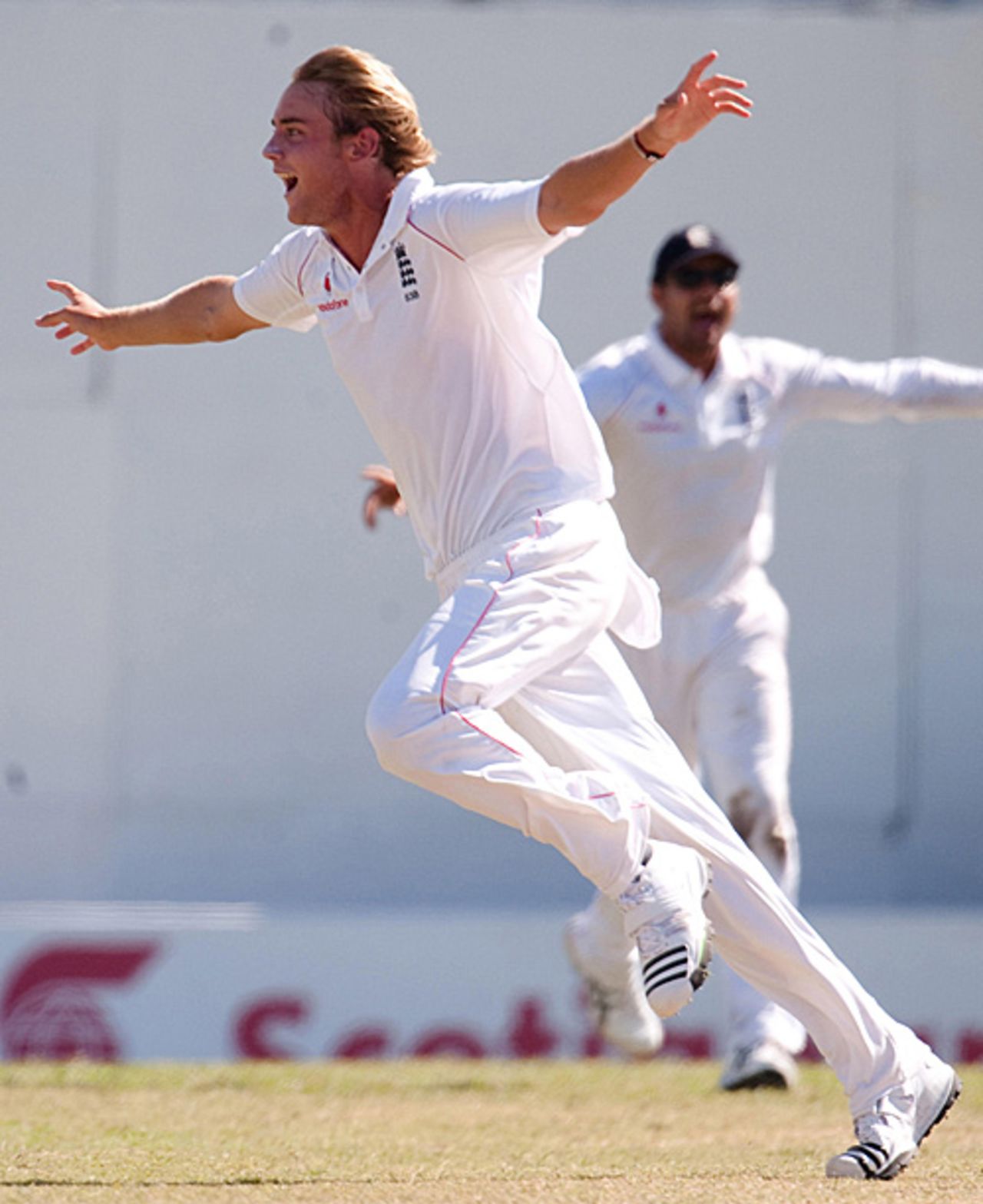 Flying high: Stuart Broad celebrates the wicket of Shivnarine Chanderpaul in an inspired spell with the new ball, West Indies v England, 3rd Test, Antigua, 5th day, February 19, 2009