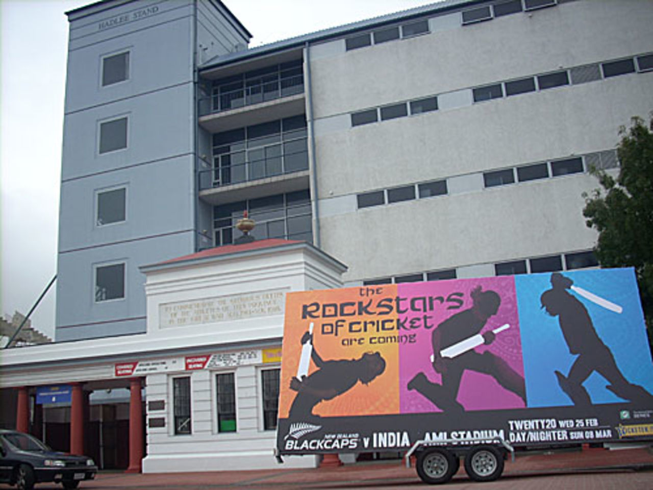 A banner outside the AMI Stadium announces India's arrival, Christchurch, February 21, 2009