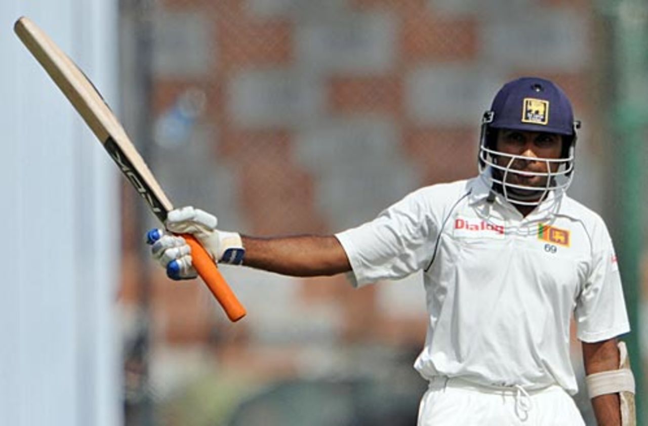 Mahela Jayawardene raises his bat on getting to 150, Pakistan v Sri Lanka, 1st Test, Karachi, 2nd day, February 22, 2009