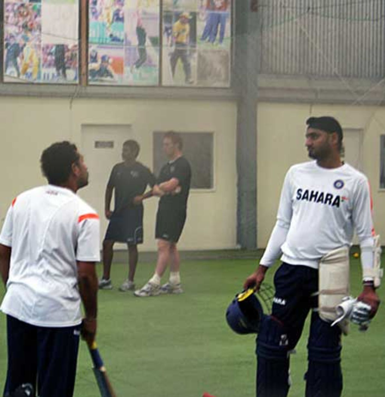 Sachin Tendulkar coaxes Harbhajan Singh to face the bowling machine, Christchurch, February 23, 2009