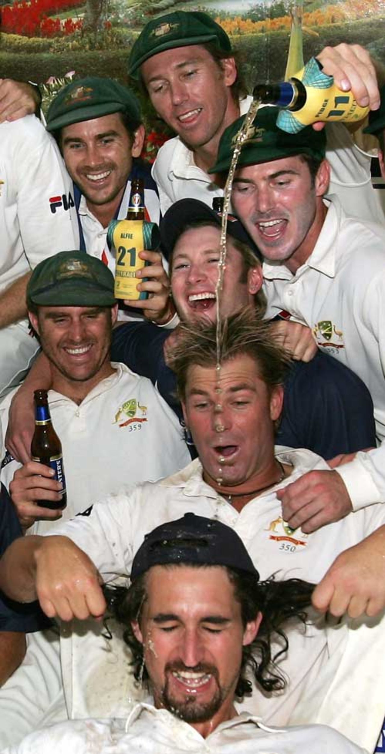 Glenn McGrath pours beer on Jason Gillespie after day four, India v Australia, third Test, Nagpur, 29 October 2004