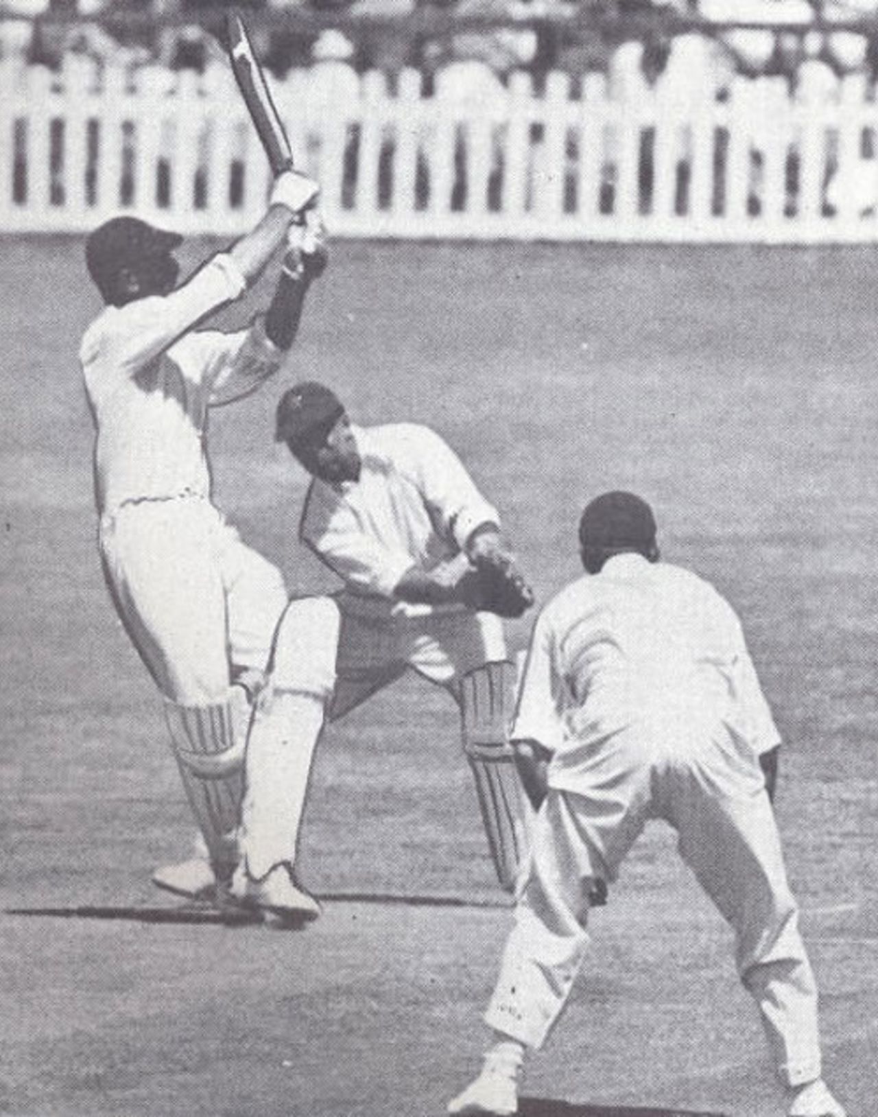 A rare attacking shot from Pieter van der Bijl in the Timeless Test. He made a first-innings hundred and was dismissed for 97 in the second innings, South Africa v England, 5th Test, Durban, March 3, 1939