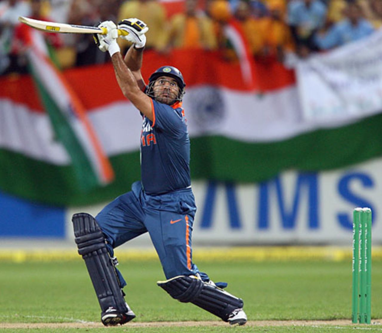 Yuvraj Singh launches a six over extra cover, New Zealand v India, 2nd Twenty20 international, Wellington, February 27, 2009