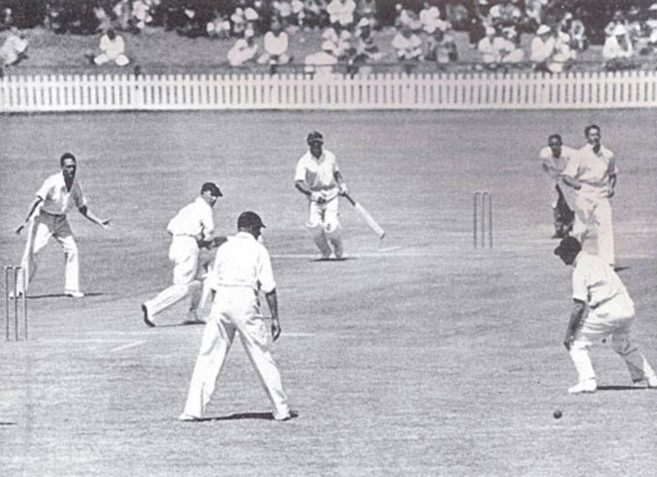 Bill Edrich runs the ball down to third man during his double hundred, South Africa v England, 5th Test, Durban, March 13, 1939
