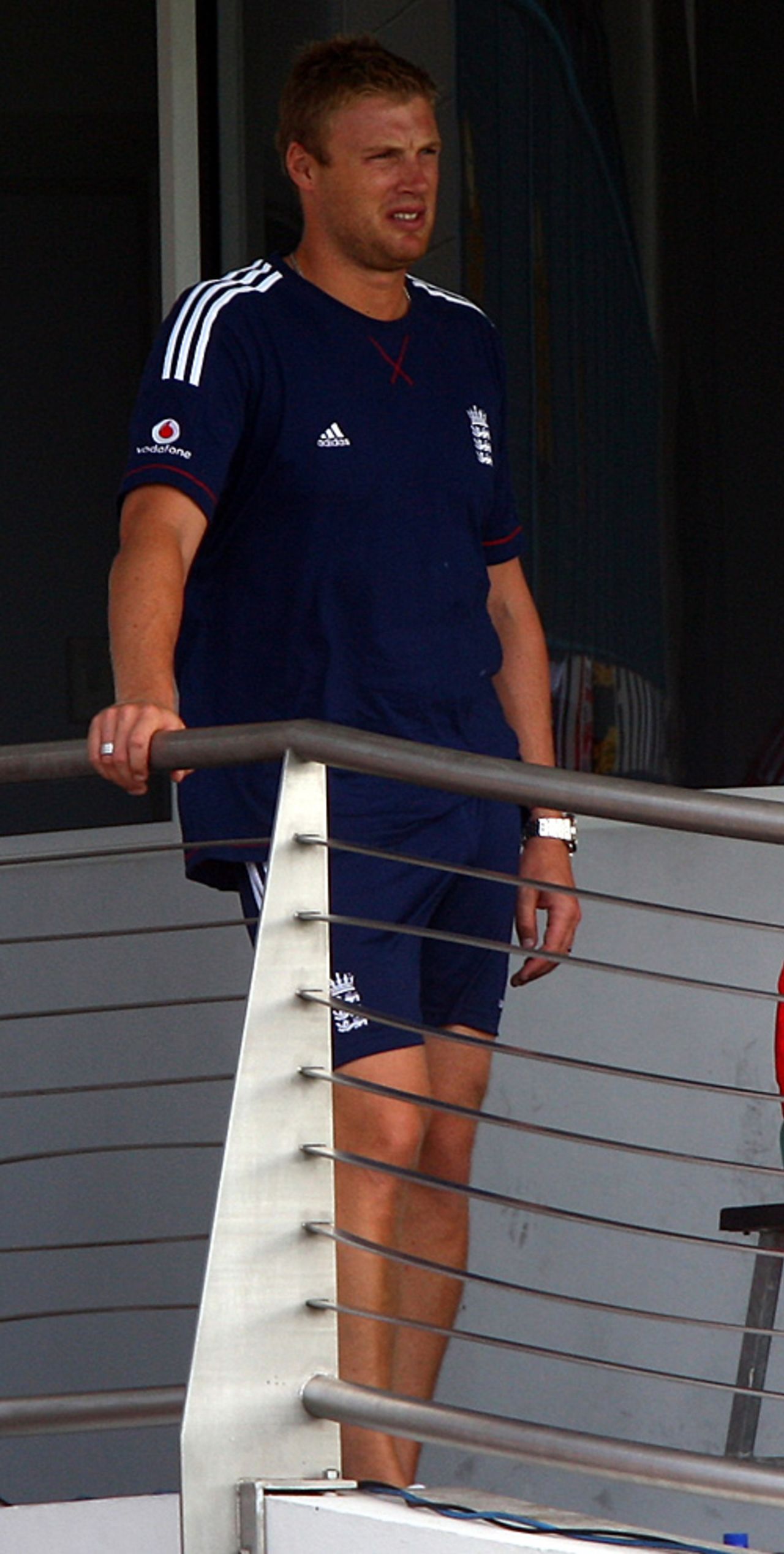 Andrew Flintoff stands on the balcony on the day it was announced he would be returning home, West Indies v England, Barbados, 4th Test, February 27, 2009