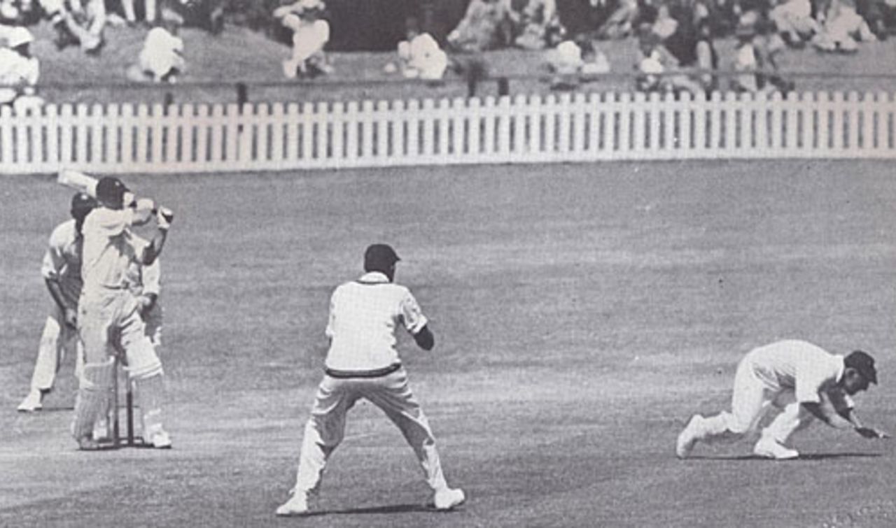 Ken Viljoen pulls past Bill Edrich at short leg on his way to a second-innings 74, South Africa v England, 5th Test, Durban, March 10, 1939