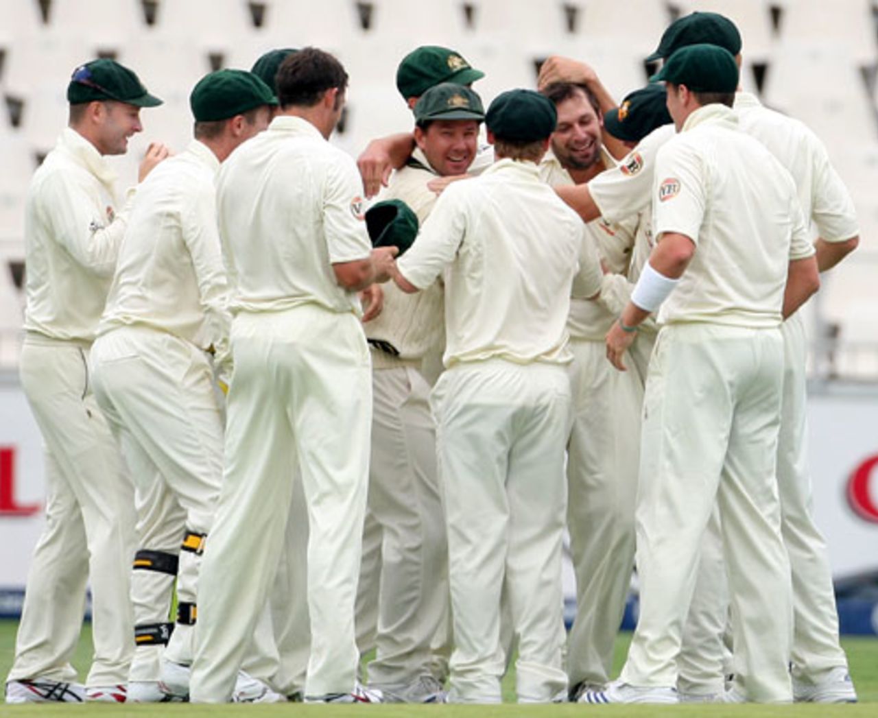 The Australians celebrate debutant Ben Hilfenhaus' maiden Test wicket, South Africa v Australia, 1st Test, Johannesburg, 2nd day, February 27, 2009