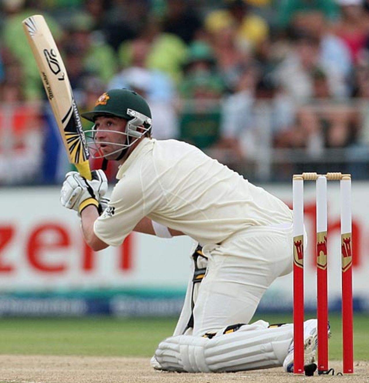 Phillip Hughes gets down on one knee, South Africa v Australia, 1st Test, Johannesburg, 3rd day, February 28, 2009