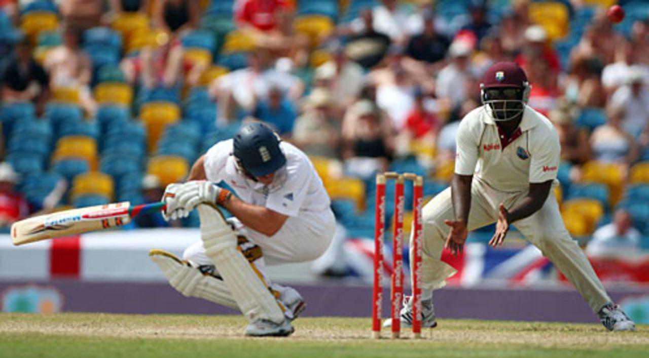 Andrew Strauss ducks a bouncer, West Indies v England, Barbados, 5th Test, March 1, 2009