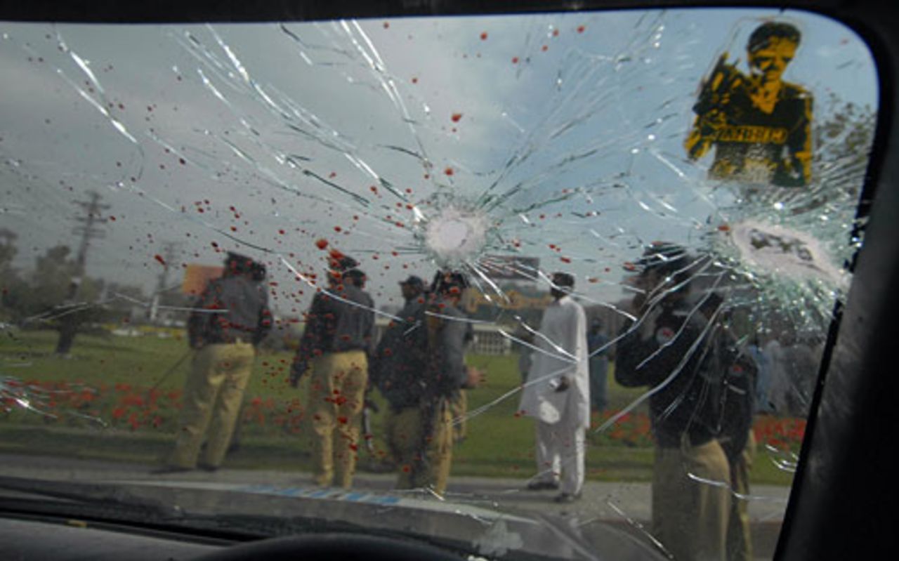 The windshield of a vehicle damaged in the firing in Lahore lies shattered, Lahore, March 3, 2009