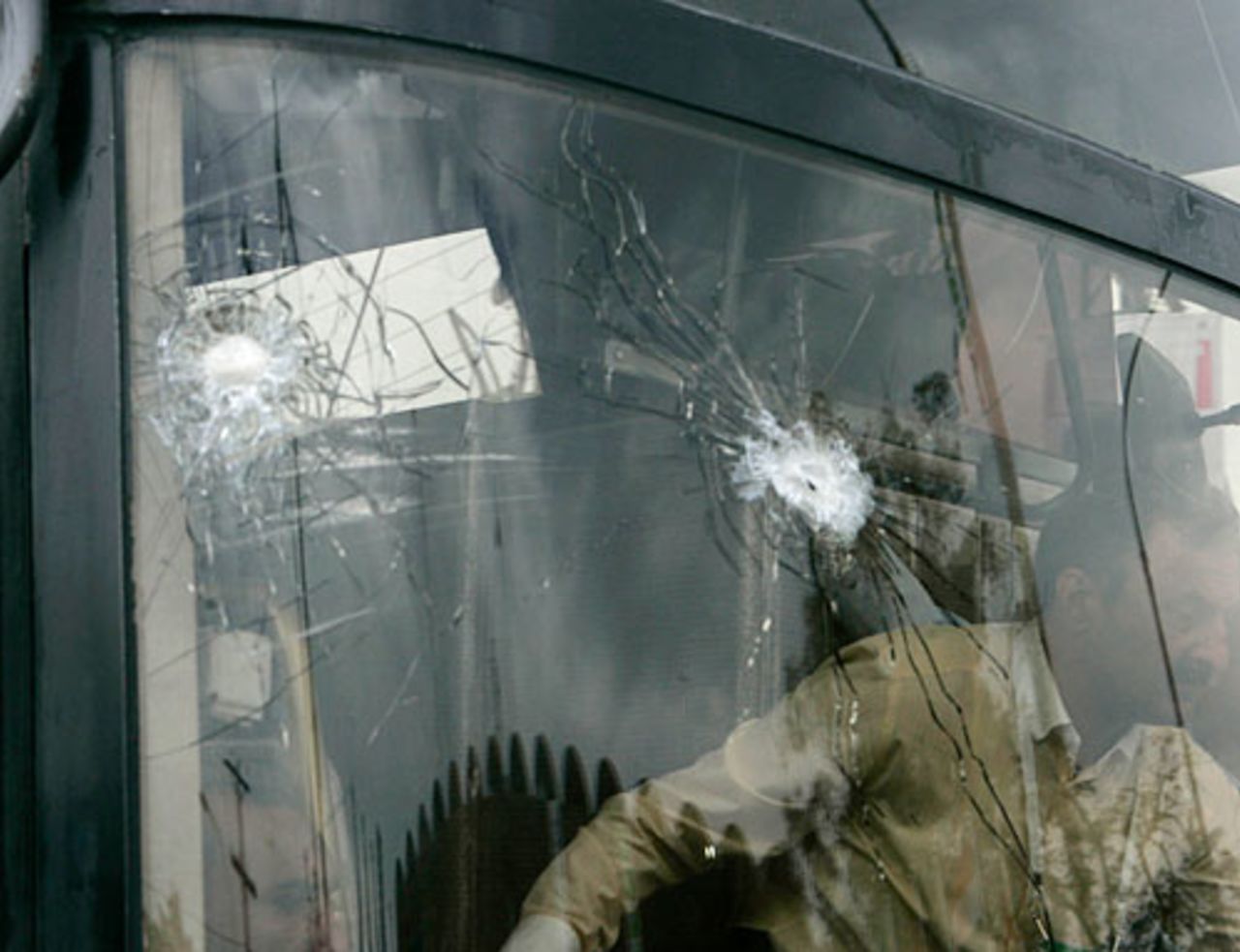 Bullet holes in the windscreen of the Sri Lankan team bus, Lahore, March 3, 2009