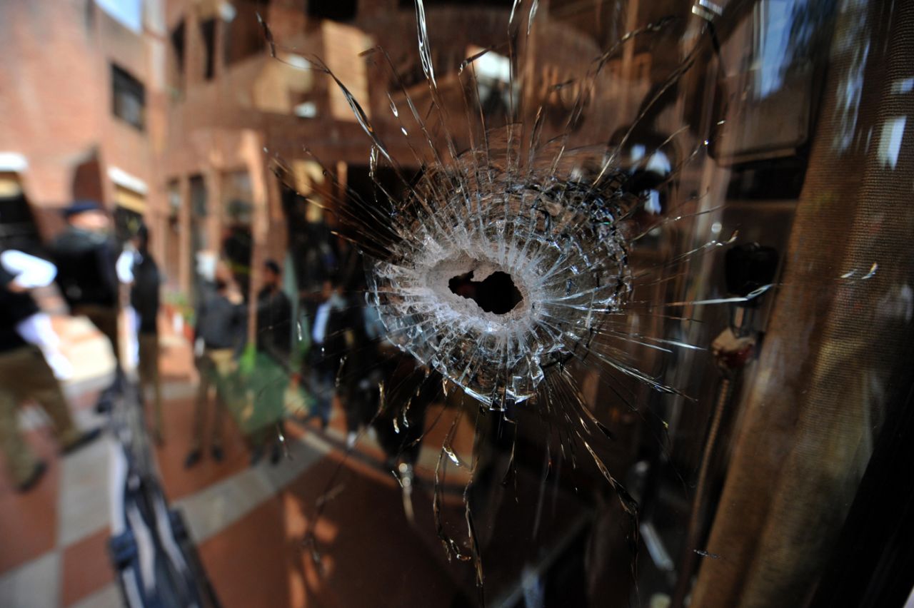 A shattered pane of the Sri Lankan team bus , Lahore, March 3, 2009