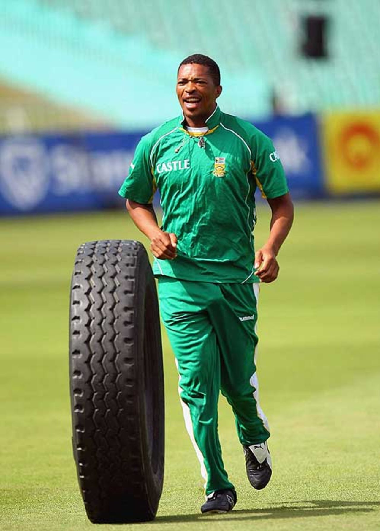 Makhaya Ntini finds a new way to train at Kingsmead, Durban, March 4, 2009