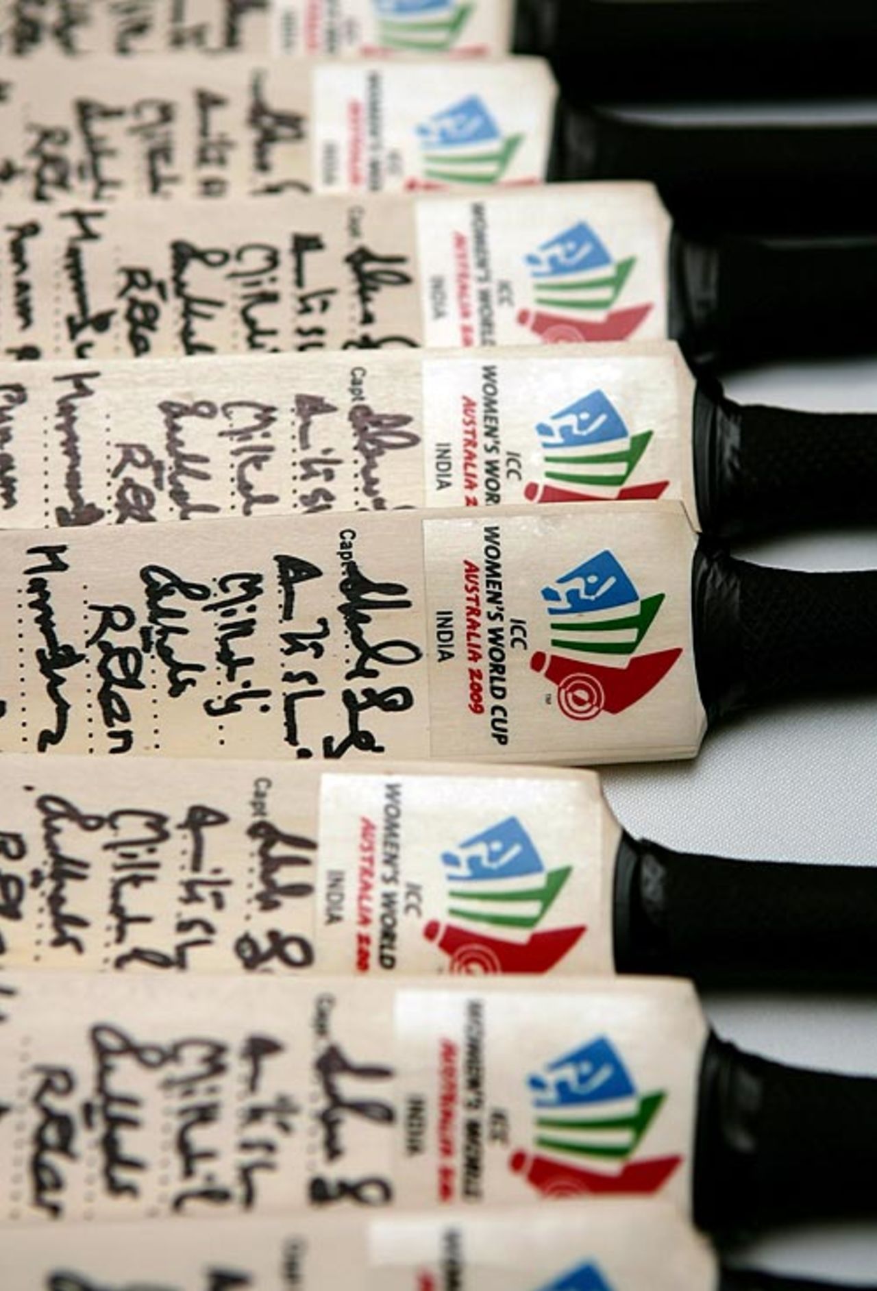 Bats signed by the Indian team on display, Sydney, March 5, 2009