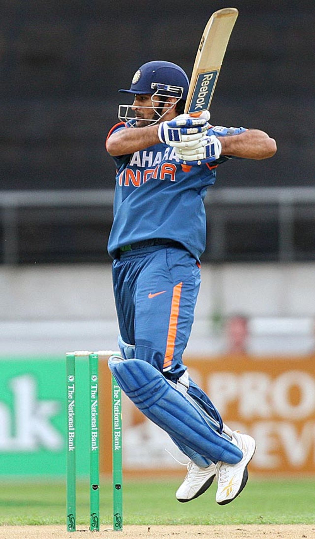 Mahendra Singh Dhoni jumps and cuts, New Zealand v India, 2nd ODI, Westpac Stadium, Wellington, March 6, 2009