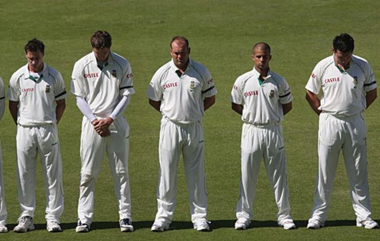 The South Africans keep a minute's silence for the terror attack in Lahore, South Africa v Australia, 2nd Test, Durban, 1st day, March 6, 2009