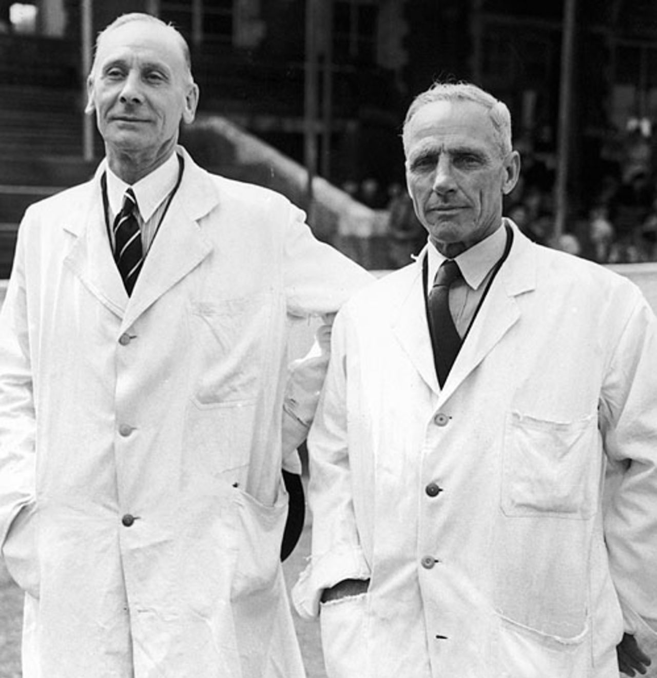 Jack Hobbs and Bert Strudwick don the umpiring duties, Surrey v Old England, The Oval, May 23, 1946