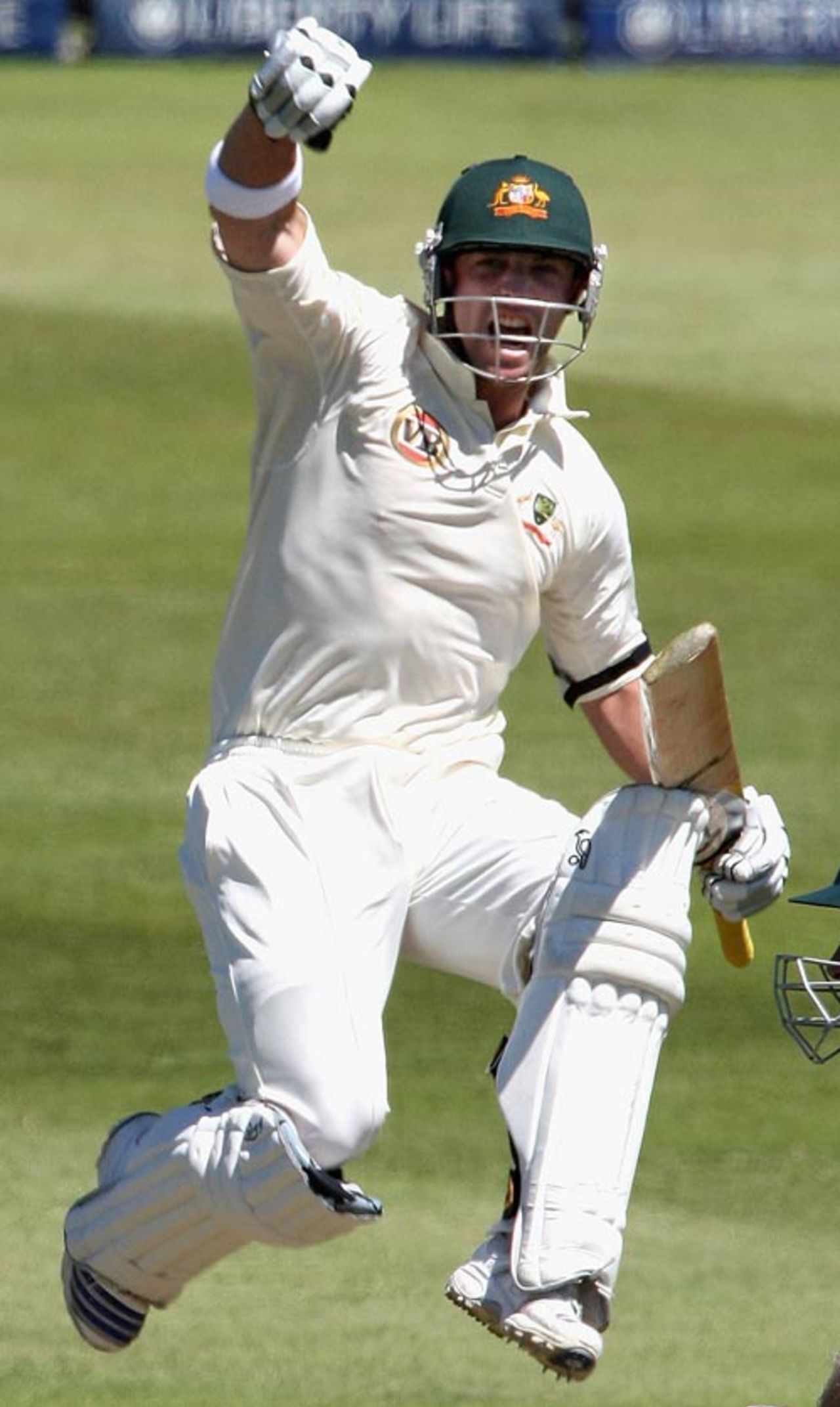 Phillip Hughes jumps for joy after reaching his maiden Test century, South Africa v Australia, 2nd Test, Durban, 1st day, March 6, 2009