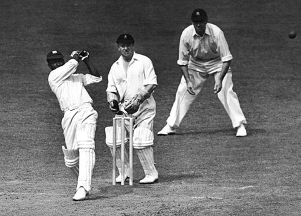 George Headley takes the aerial route while Arthur Wood and Wally Hammond look on, England v West Indies, 3rd Test, The Oval, 2nd day, August 21, 1939