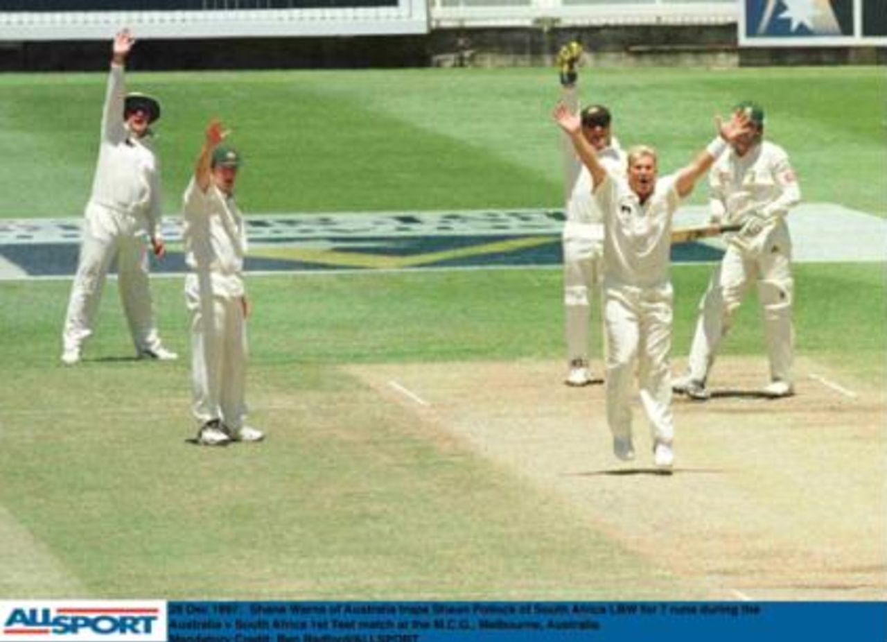28th December 1997 Australia v South Africa Test 1,  Pollock lbw b Warne 7. Taylor and Steve Waugh appeal