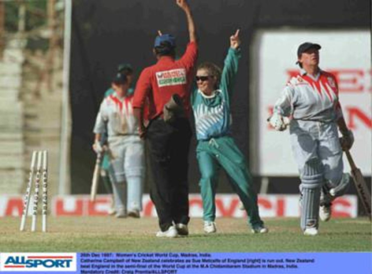 Women's World Cup, December 1997, India ,Madras England v New Zealand semi final: Sue Metcalfe is run out as Catherine Campbell celebrates.
