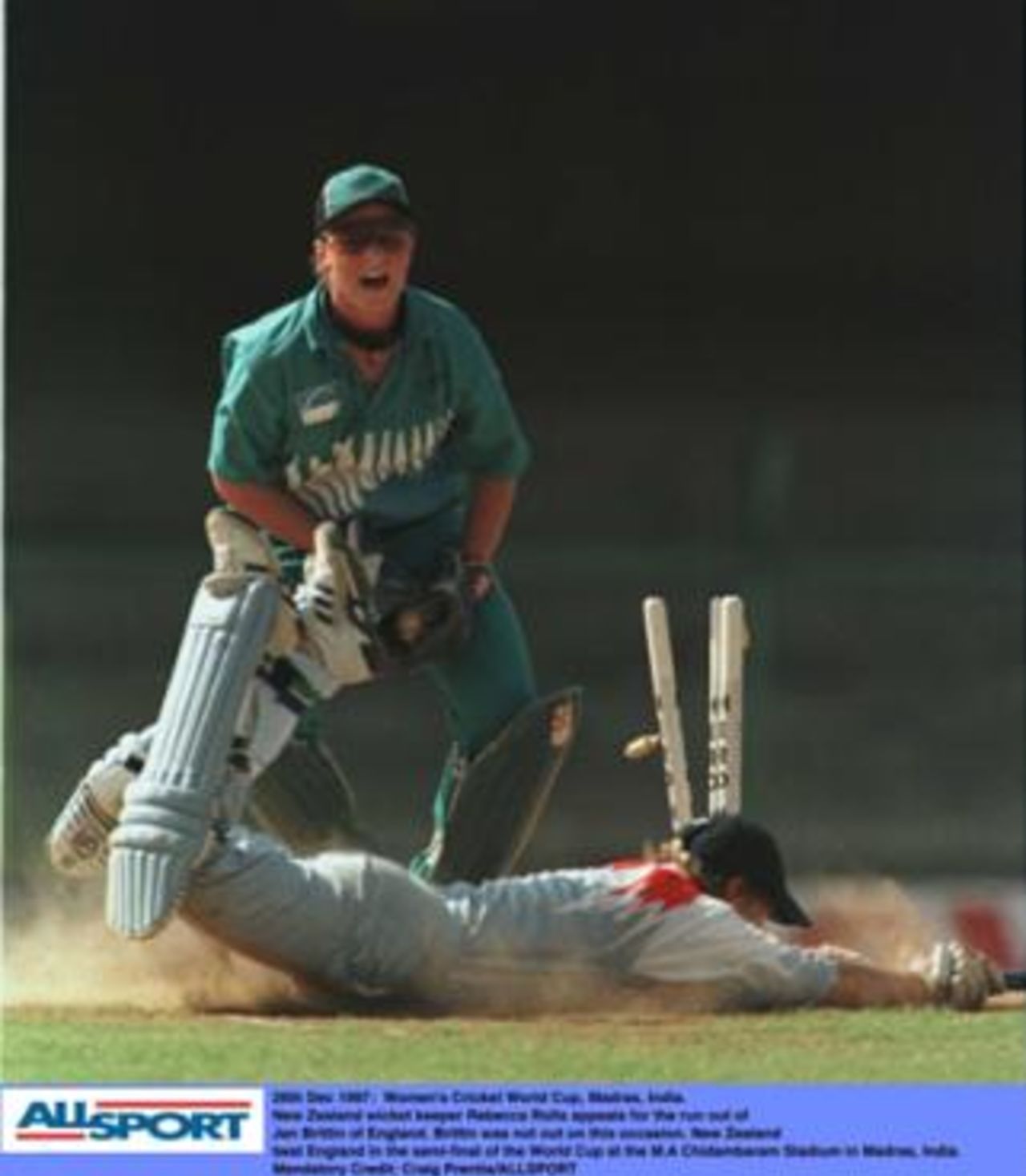 Women's World Cup, December 1997, India,Madras, 26th December England v New Zealand semi final: Rebecca Rolls appeals for a run out Jan Brittin dives to make her ground.