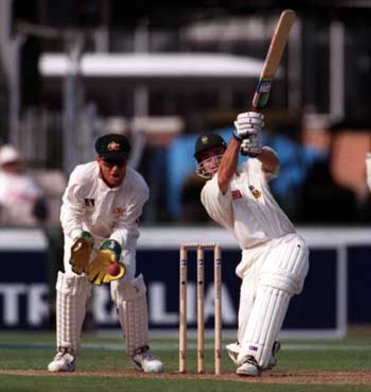 Herschelle Gibbs tries to drive Michael Bevan but his snick is taken by Ian Healy and he is out for 54...Australia v South Africa, Day 1, 2nd Test, Friday January 2nd 1998.