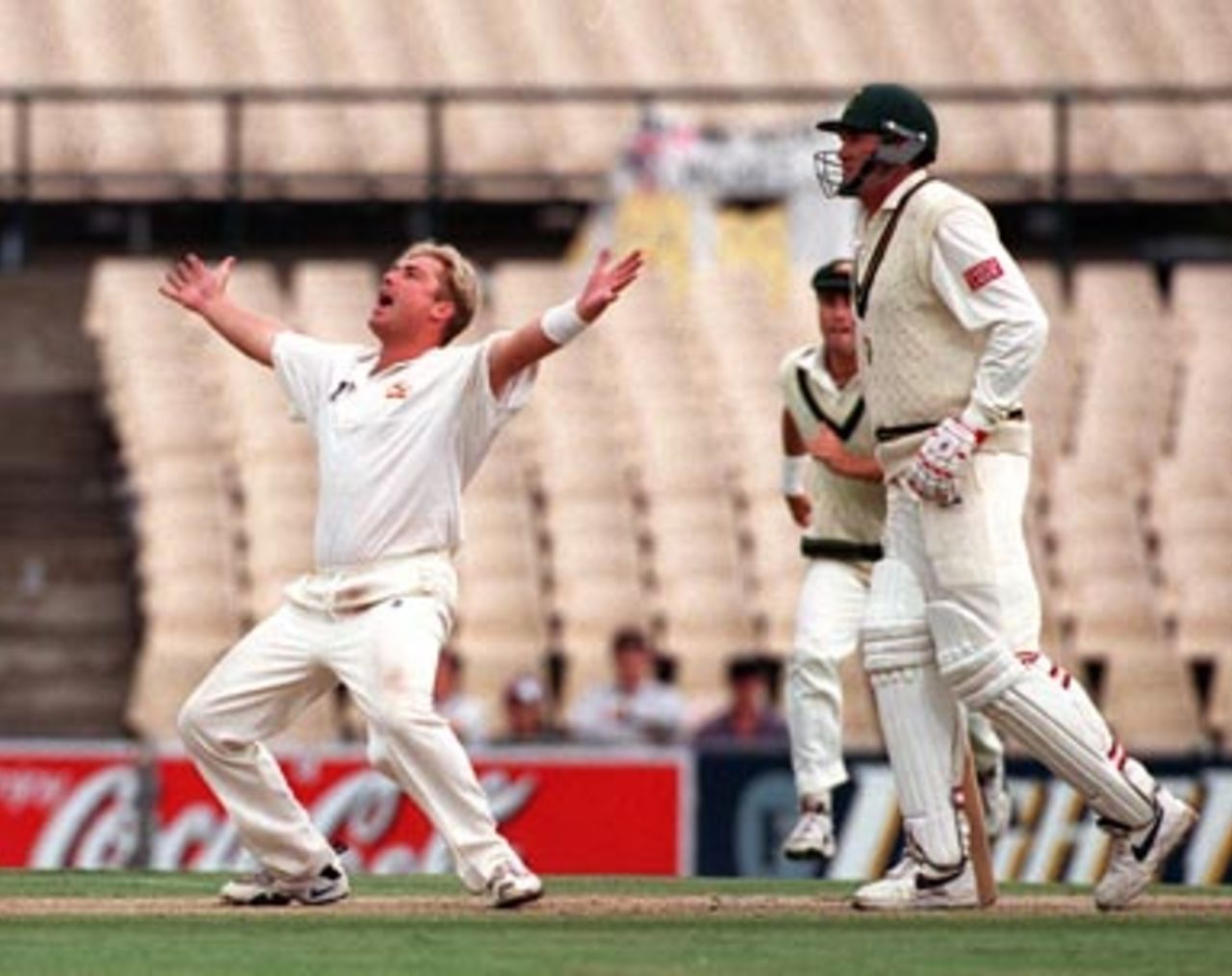 Shane Warne looks to the heavens after clean bowling Jacques Kallis to take his 300th Test wicket... Australia v South Africa, 2nd Test Day 4 at the SCG, Monday January 5th 1998.