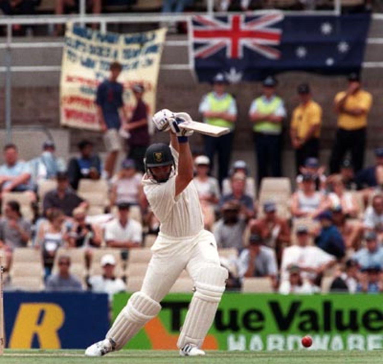 Jacques Kallis drives under the Australian flag....Australia v South Africa, 2nd Test Day 4 at the SCG, Monday January 5th 1998