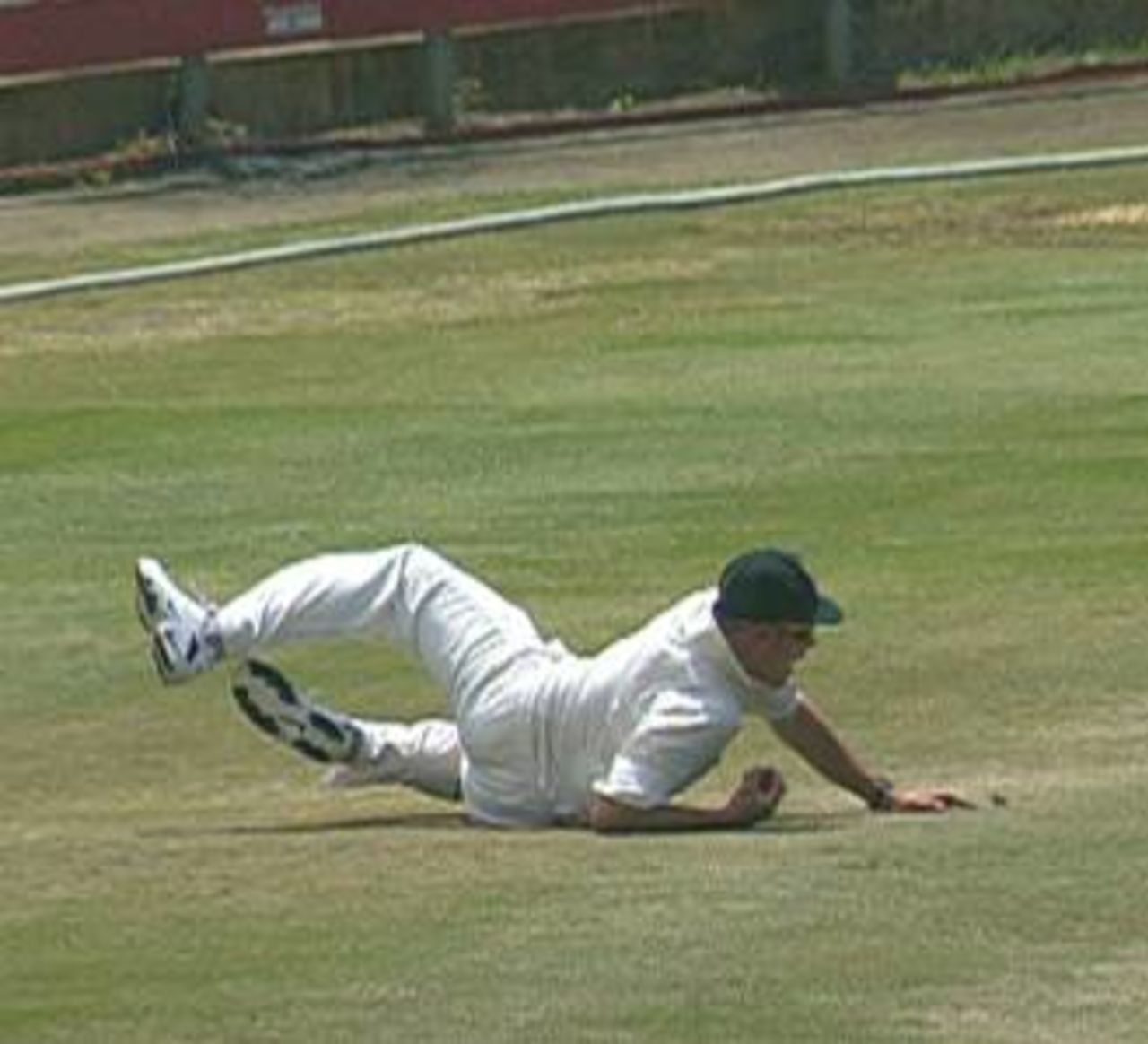 Clive Eksteen takes a diving catch to dismiss Jimmy Adams for 10 during the second "Test" between South Africa A and West Indies A at Buffalo Park, East London, 19-22 Dec 1997. The bowler was Roger Telemachus.