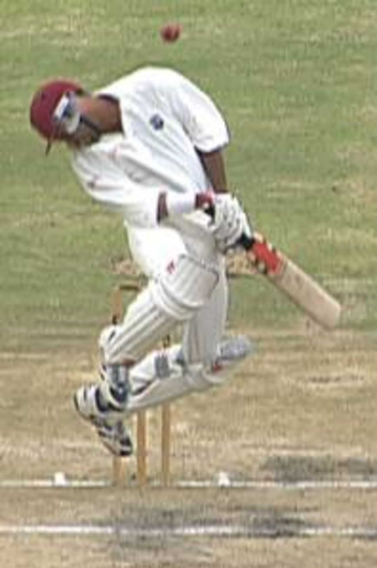 West Indies A captain Jimmy Adams avoids a Mornantau Hayward bouncer during the second "Test" against South Africa A at Buffalo Park, East London, 19-22 Dec 1997.