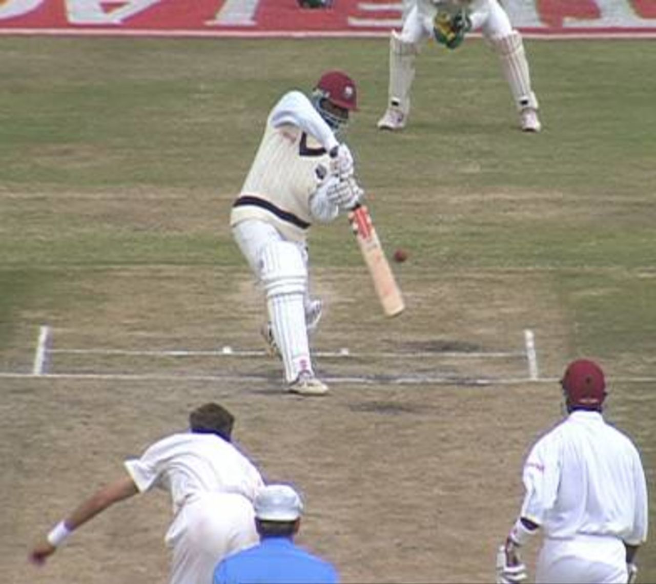 West Indies A opener Robert Samuels' run of poor form continues as he nicks South Africa A's Piet Botha to first slip Gerhardus Liebenberg during the second "Test" at Buffalo Park, East London, 19-22 Dec 1997. Samuels made 3. The non-striker is Suruj Ragoonath.