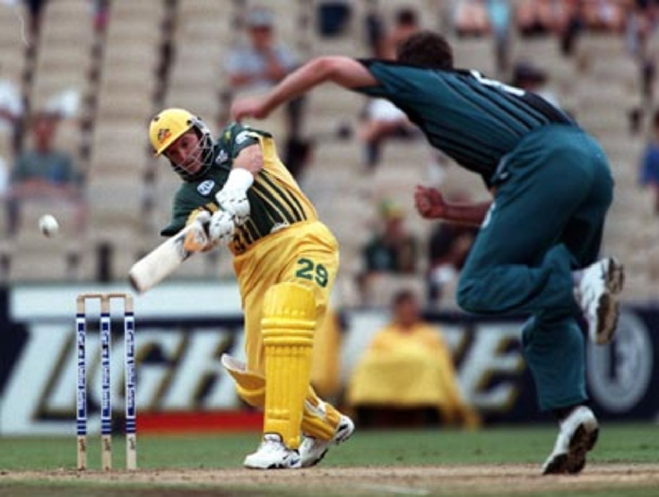 Ian Harvey smashes Chris Cairns ...Australia v New Zealand ODI at the Sydney Cricket Ground, Wednesday January 14th 1998.