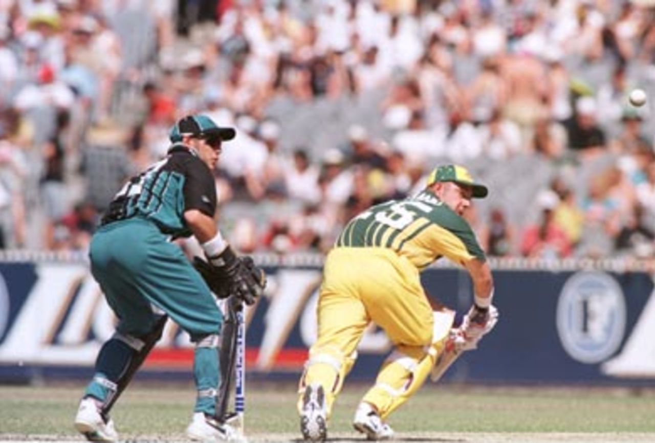 Darren Lehmann sweeps... Australia v New Zealand, CUODS, Melbourne Cricket Ground, January 21st 1998.