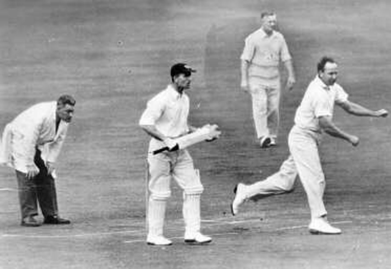 Wilf Wooller bowling against Middlesex at Cardiff Arms Park in 1954