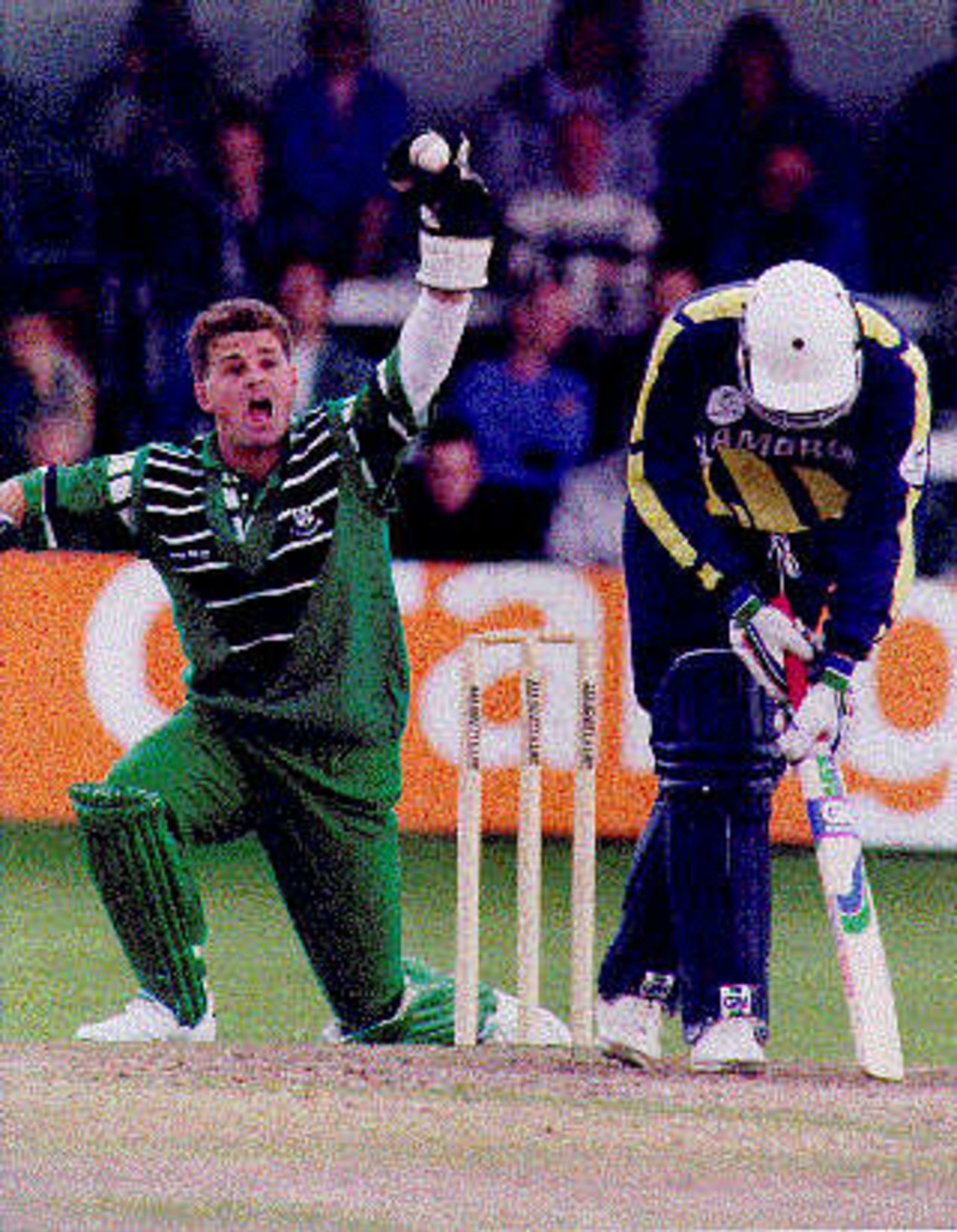 Steve Rhodes catches David Hemp in Glamorgan`s Sunday League match against Worcestershire at Cardiff in 1994