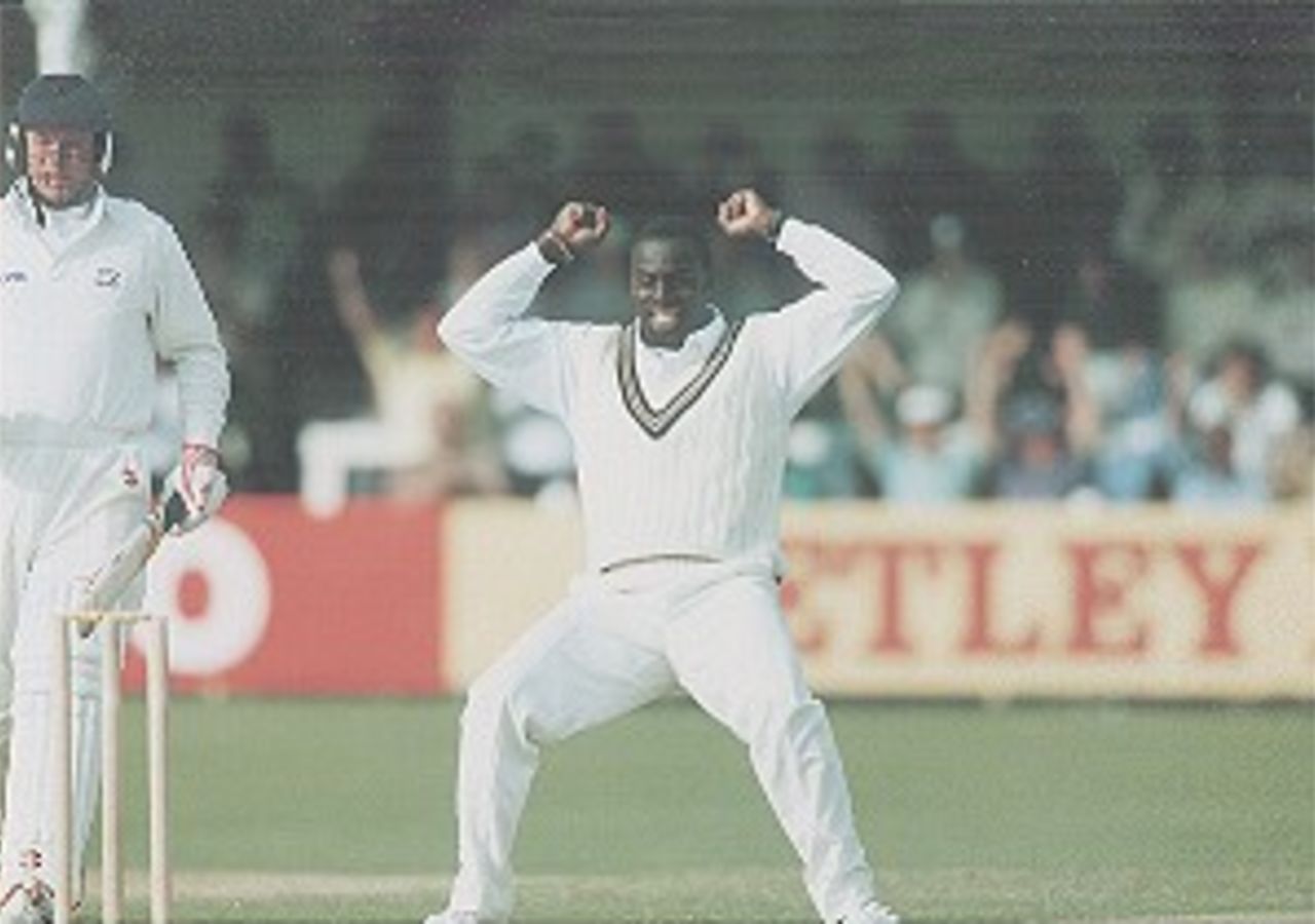 Hamish Anthony celebrates taking a wicket in Glamorgan`s 1995 Nat West Trophy match with Middlesex at Cardiff.