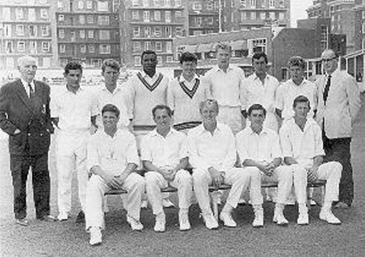 The Glamorgan side that defeated the 1964 Australians, pictured the following week at Cardiff Arms Park. The players are: Back Row - Alan Rees, Eifion Jones, Tony Cordle, Billy Slade, Gwyn Hughes, Euros Lewis, Alan Jones. Front Row - Jim Pressdee, Don Shepherd, Ossie Wheatley(captain), Tony Lewis, Peter Walker.