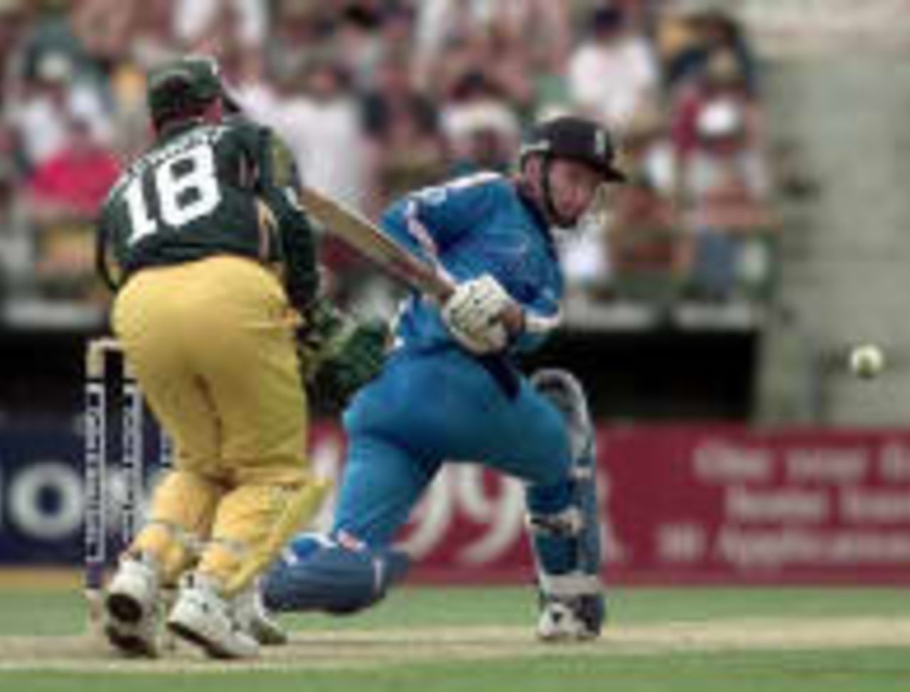 Neil Fairbrother sweeps a boundary - Carlton & United One-Day Series, 1998-99, 1st Match, Australia v England, Brisbane Cricket Ground, Woolloongabba, Brisbane