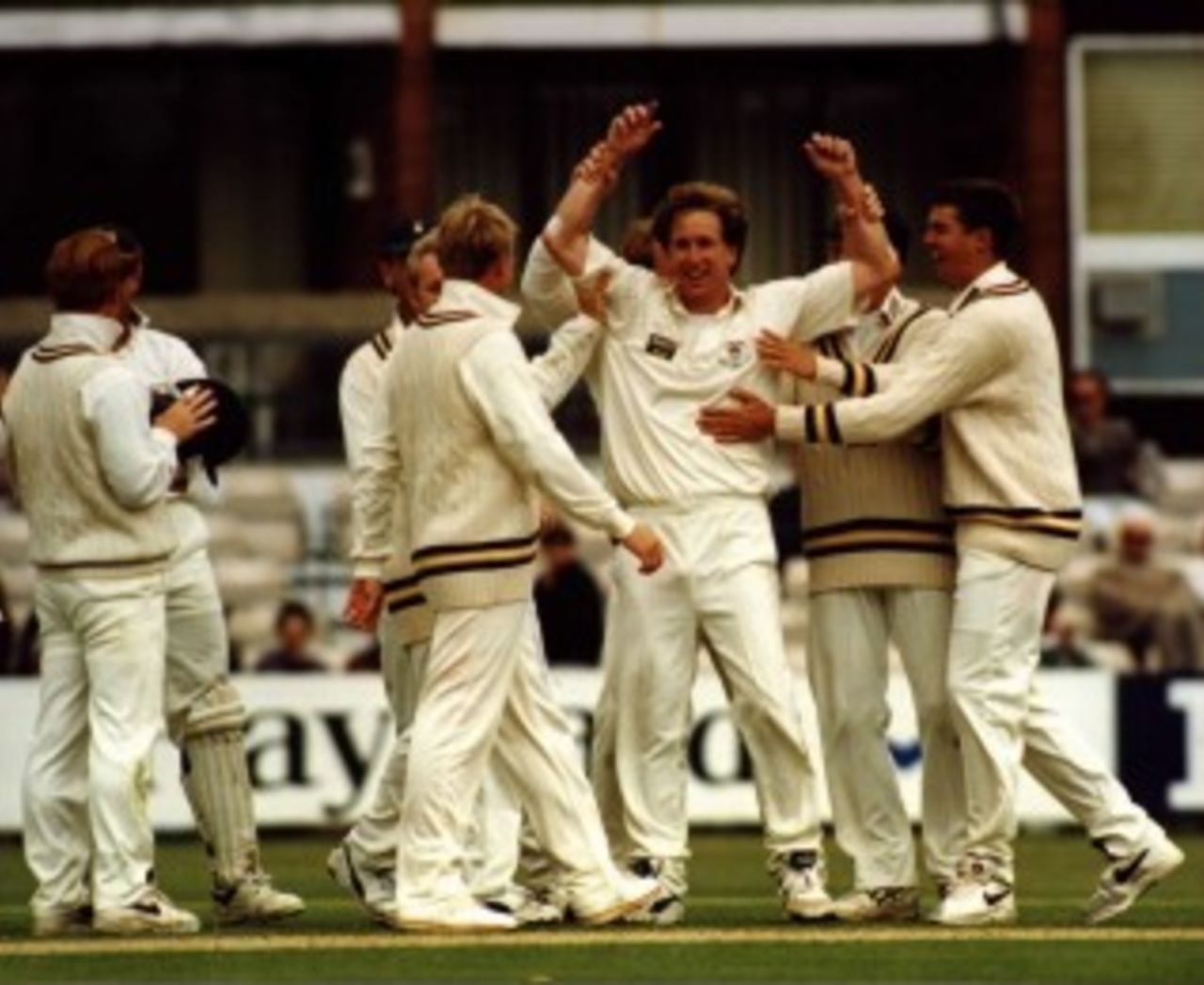 Kevan James celebrates on taking 4 wkts in 4 balls v India 1996.