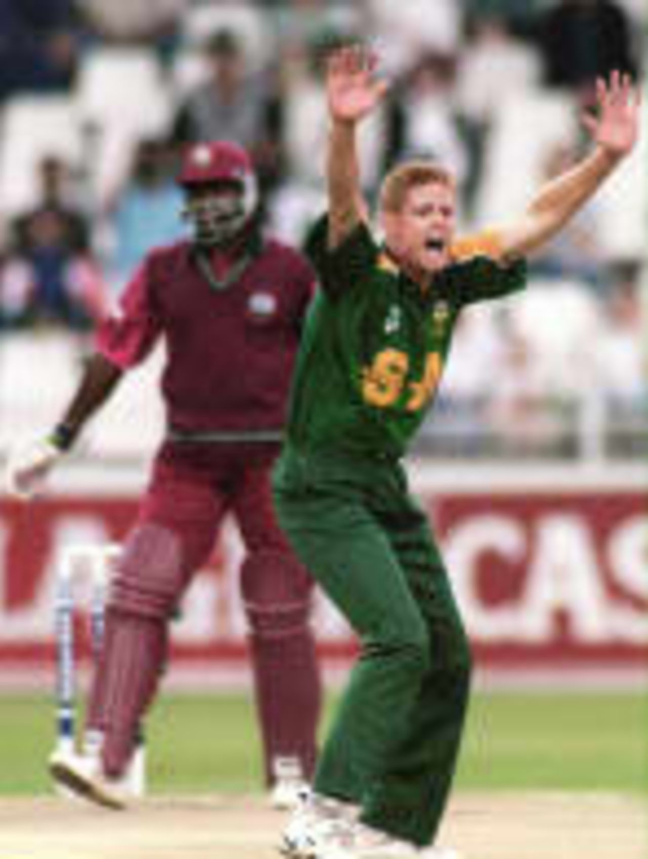 Pollock appeals (unsuccessfully) for lbw against  Wallace  - West Indies in South Africa, 1998-99, 1st One-Day International West Indies v South Africa The Wanderers, Johannesburg (day/night) 22 January 1999