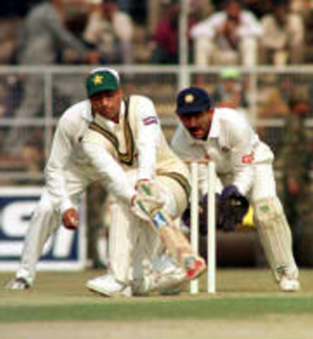 Yousuf Youhana sweeps, Karim watches India 'A' v Pakistan Roop Singh Stadium, Gwalior  23 January 1999