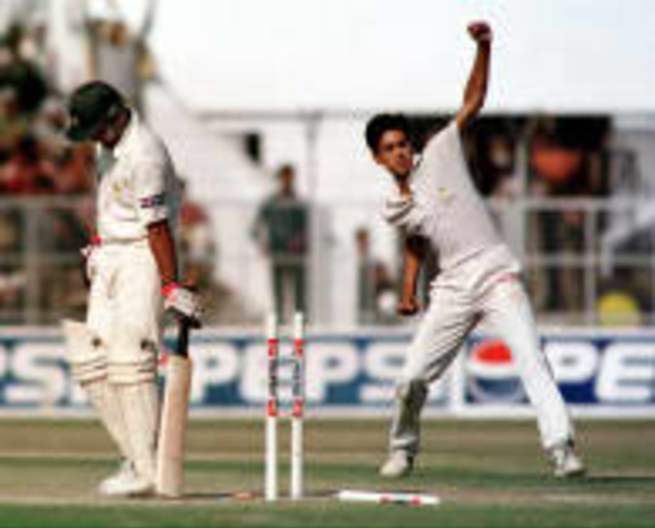 India's Laxmi Ratan Shukla celebrates after clean bowling Pakistan's Wajahatullah Wasti. India 'A' v Pakistan, Roop Singh Stadium, Gwalior, 24 January 1999