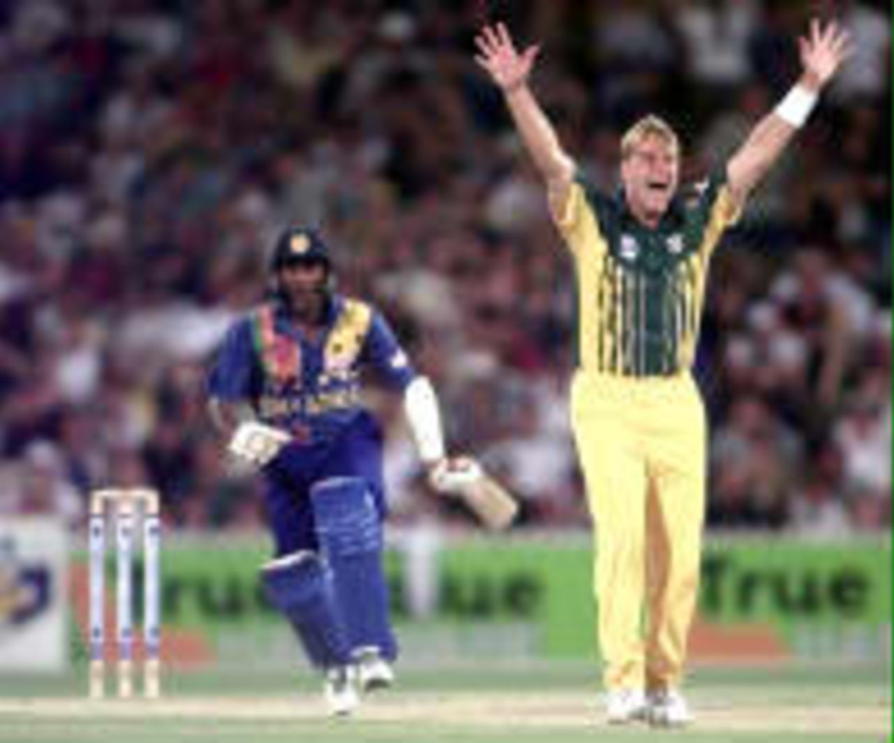 Australia's Shane Lee celebrates after dismissing Sri Lanka's Upul Chandana leg before the wicket. Australia v Sri Lanka, Carlton and United Series, Adelaide, 24 January 1999