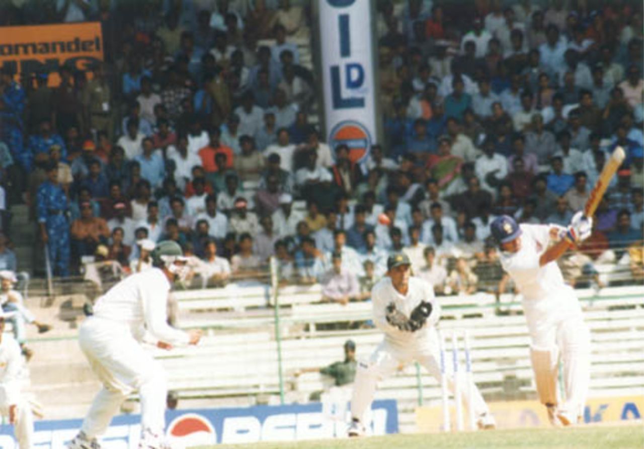 Tendulkar comes down the track, only to edge to gully off Saqlain Mushtaq's bowling. India v Pakistan, Test 1, Day 1 at Chennai, 29 January 1999