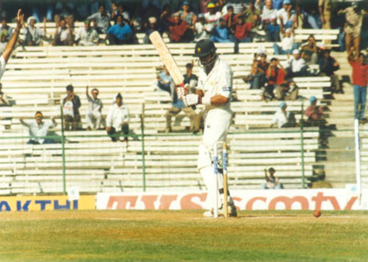 Pakistan's Shahid Afridi bowled by Venkatesh Prasad after completing a maiden century. India v Pakistan, Test 1, Day 3 at Chennai, 30 January 1999
