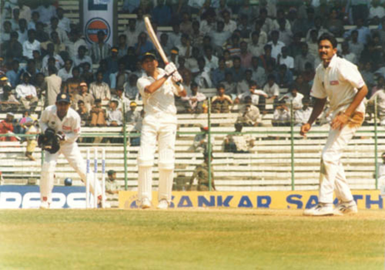 Shahid Afridi clouts Anil Kumble for a six, on his way to his maiden century. India v Pakistan, Test 1, Day 3 at Chennai, 30 January 1999